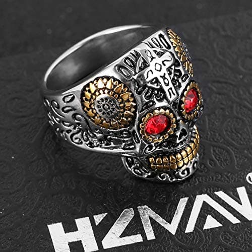 HZMAN Sugar Skull Rings for Men Women, CZ Eyes Stainless Steel Gothic Cross Jewelry