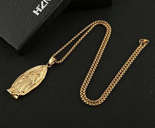 HZMAN Blessed Mother Mary Guadalupe Pendant Necklace with Steel Wheat Chain