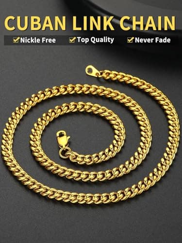 ChainsHouse Miami Cuban Link Chain Necklace for Men, 14K Gold Plated/SS/Black, 14"-30" Length