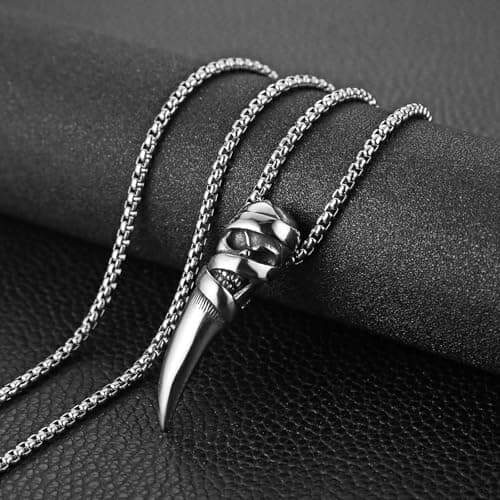 HZMAN Men's Gothic Stainless Steel Skull Wolf Tooth Pendant Necklace
