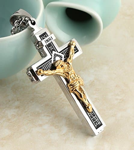 HZMAN Gold Tone Stainless Steel Crucifix Pendant Necklace