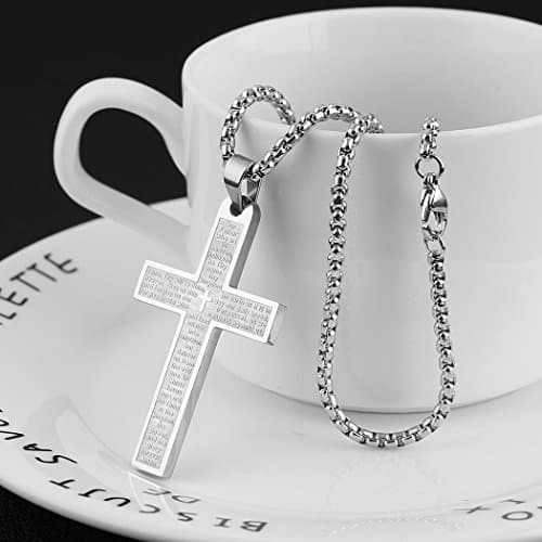 HZMAN Stainless Steel Cross Necklace Lord's Prayer Pendant