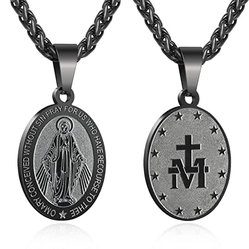 Apsvo Oval Catholic Saints Pendant Medallion, Stainless Steel Wheat Chain 24 Inches