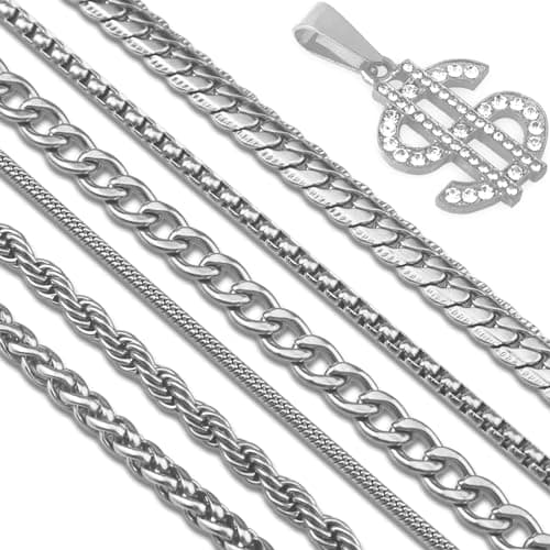 7 Pcs Stainless Steel Necklace Chain Kit with Dollar Pendant - Gold/Silver Plated Men Boys Women