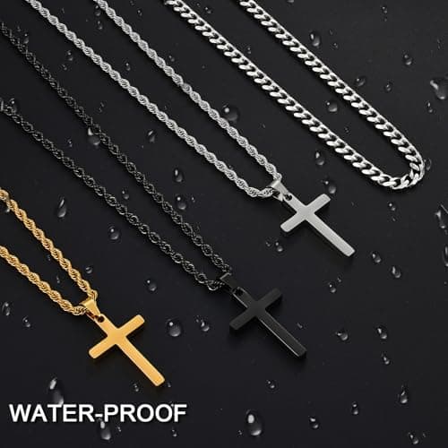 Fiusem Layered Mens Cross Necklace, Stainless Steel Pendant Rope Chain 16-26 Inch