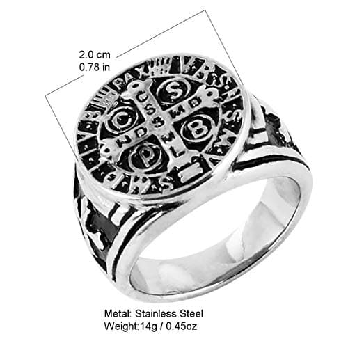 HZMAN Men Women St. Benedict Exorcism Ring with Silver Stainless Steel Roman Cross Ghost Protection