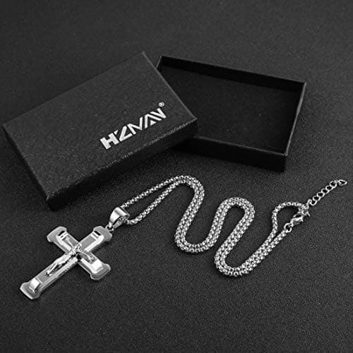 HZMAN Men's Jesus Pendant Necklace - Silver Gold Black Multicolor Cross 24 Inch Chain
