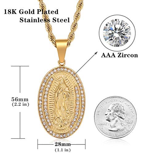 ROWIN&CO Mens 18K Gold Micro Pave Virgin Mary CZ Pendant with Gold Chain