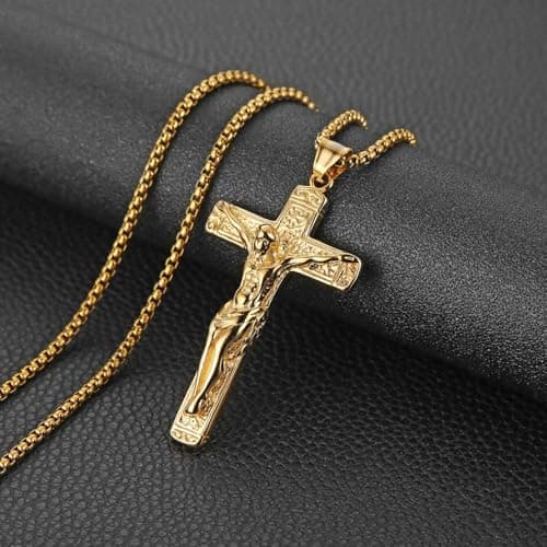 HZMAN Gold Stainless Steel Crucifix Necklace for Men Jewelry Gift