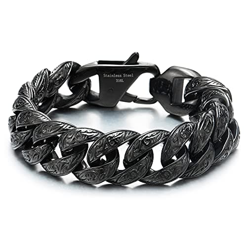 Vintage Stainless Steel Men's Curb Chain Bracelet with Tribal Tattoo Pattern