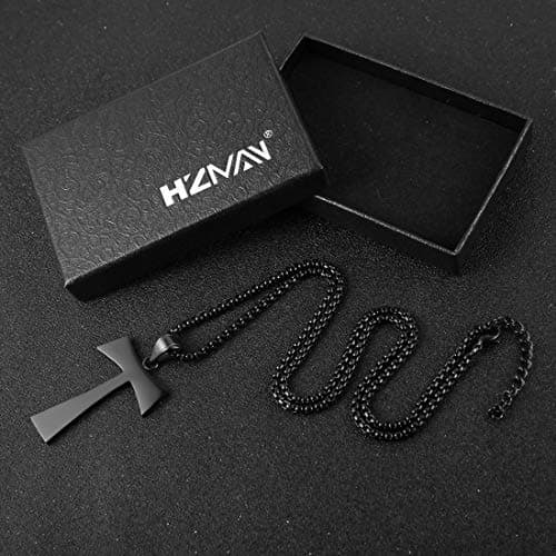 HZMAN Christian Tau Cross Pendant Necklace - Stainless Steel, 3 Colors, 22+2 Inch