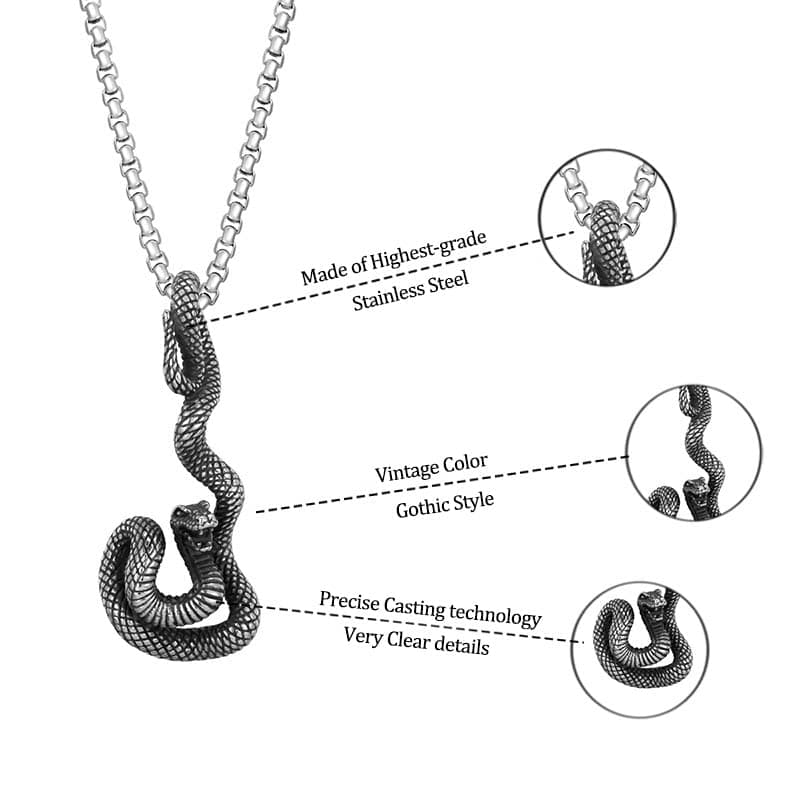 Stainless Steel Snake Biker Skull Pendant Necklace for Men & Women Black Gothic Jewelry