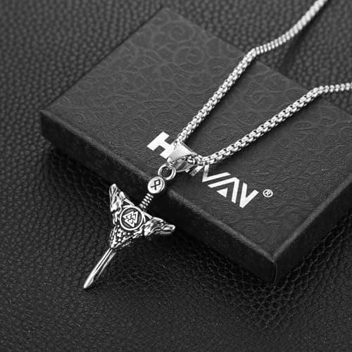 HZMAN Stainless Steel Retro Viking Wolf Sword Pendant Necklace Jewelry Gift