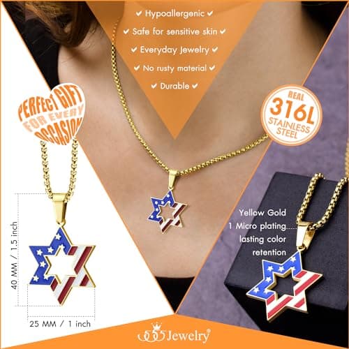 Stainless Steel Star of David & US Flag Necklace, 16-24" Chain