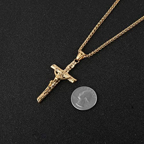 HZMAN Crucifix Cross Pendant Necklace Stainless Steel Jesus Jewelry for Men and Women with 22+2 Chain