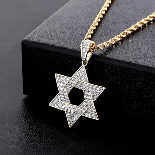 TOPGRILLZ 14K Gold Iced Out Star of David Necklace for Men & Women