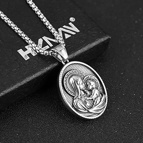 HZMAN Virgin Mary and Jesus Medal Necklace - Retro Religious Stainless Steel Christian Pendant for Men and Women