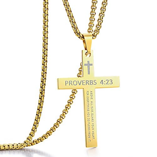 Stainless Steel Proverbs 4:23 Cross Pendant Necklace Black Gold Silver Chain