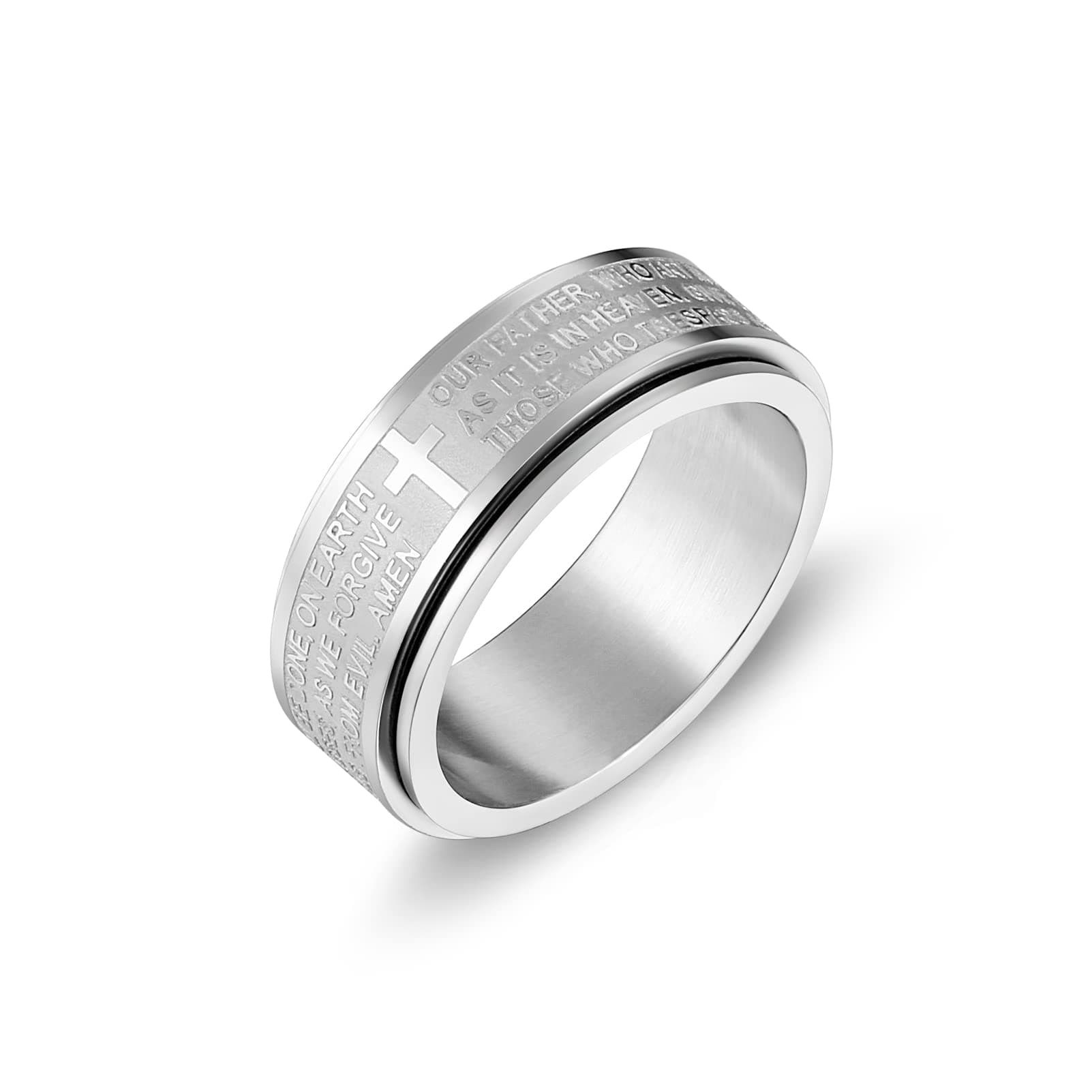 Stainless Steel Lord's Prayer Spinner Cross Ring for Anxiety Relief