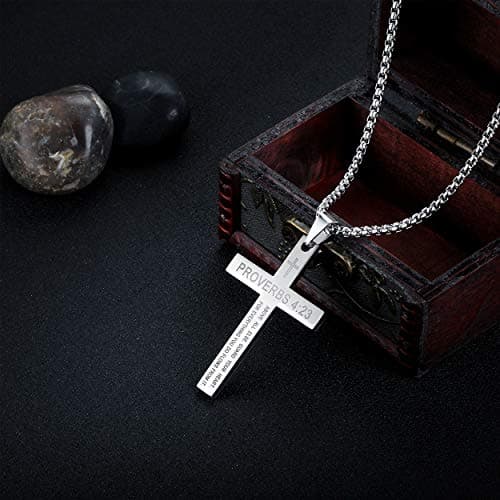 Stainless Steel Proverbs 4:23 Cross Pendant Necklace Black Gold Silver Chain