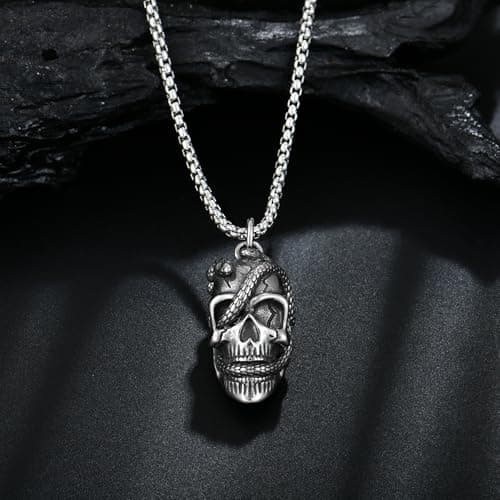Raymard Men's Gothic Snake Skull Necklace, Stainless Steel Punk Pendant, 24" Chain