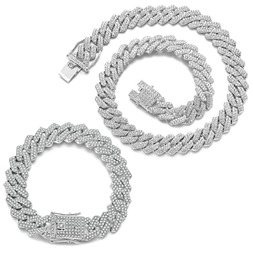 JUNVirtuous Men's & Women's Cuban Link Chain Necklace & Bracelet, Silver Bling Diamond Jewelry
