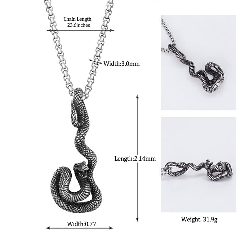 Stainless Steel Snake Biker Skull Pendant Necklace for Men & Women Black Gothic Jewelry