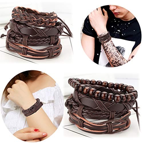 Jstyle Braided Leather Bracelet with Wooden Beads for Men & Women