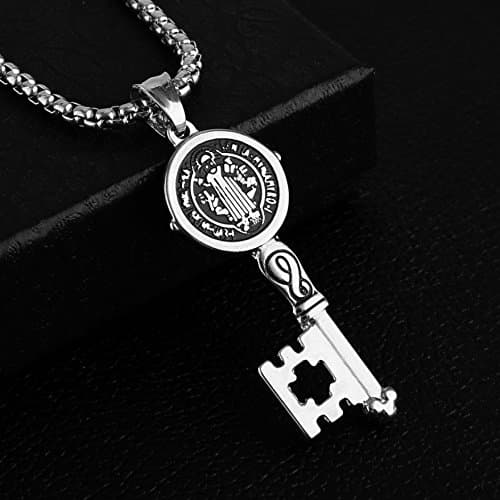 HZMAN Saint Benedict Key Pendant Against Evil Stainless Steel Necklace Silver