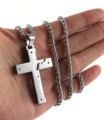 Stainless Steel Crucifix Cross Lord's Prayer Pendant Necklace