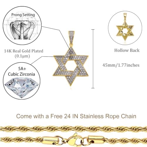 TOPGRILLZ 14K Gold Iced Out Star of David Necklace for Men & Women