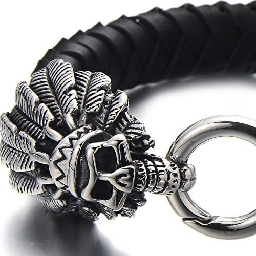 COOLSTEELANDBEYOND Mens Genuine Braided Leather Skull Bracelet