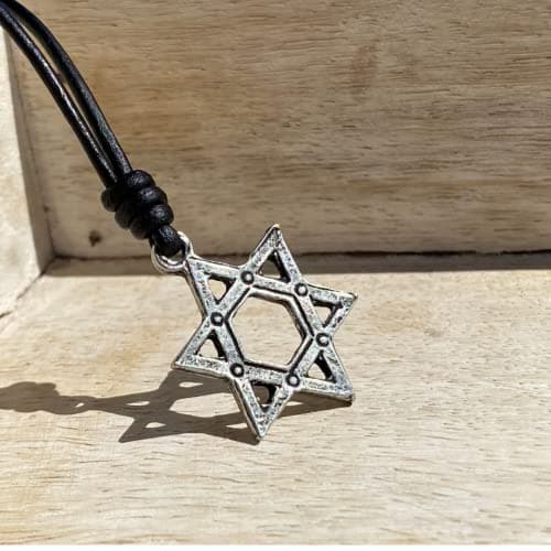 Star of David Necklace - Mens Tequila Sunrise Shop, Gold Mitzvah Gift, Jewish Jewelry, Antique Silver, Black Leather