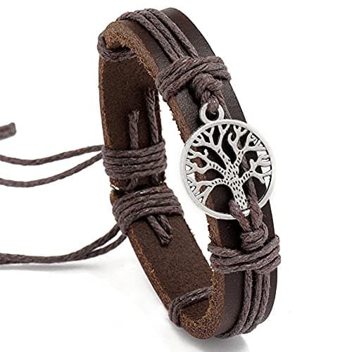 INMOFN Vintage Brown Leather Bracelet with Metal Tree of Life Pendant