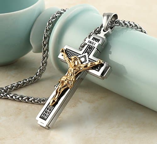 HZMAN Gold Tone Stainless Steel Crucifix Pendant Necklace