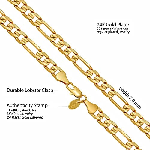 7mm Figaro Chain Necklace - 24k Real Gold Plated