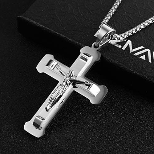 HZMAN Men's Jesus Pendant Necklace - Silver Gold Black Multicolor Cross 24 Inch Chain