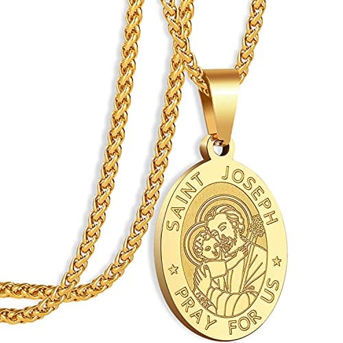 Apsvo Oval Catholic Saints Pendant Medallion, Stainless Steel Wheat Chain 24 Inches