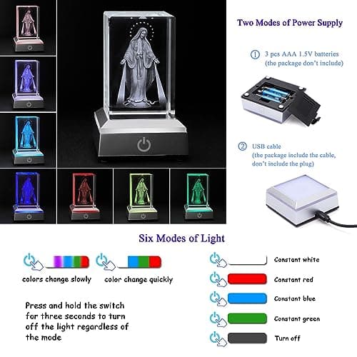 KOMI KOMI Virgin Mary Figurine with LED Base, Laser Engraved Christian Home Gift