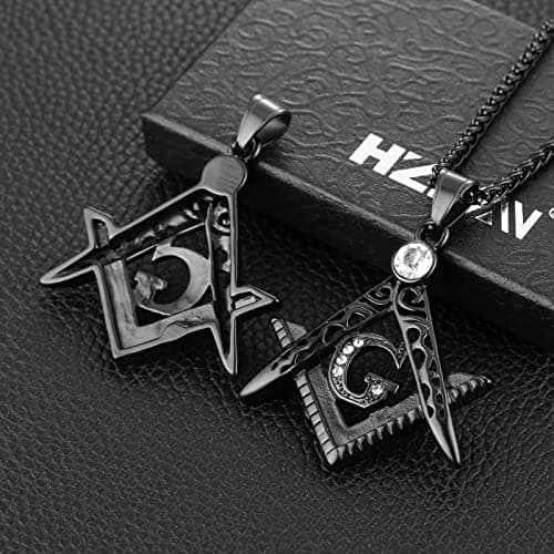 HZMAN Mens Freemason Symbol Cubic Zirconia Pendant Necklace 22+2 inch Chain