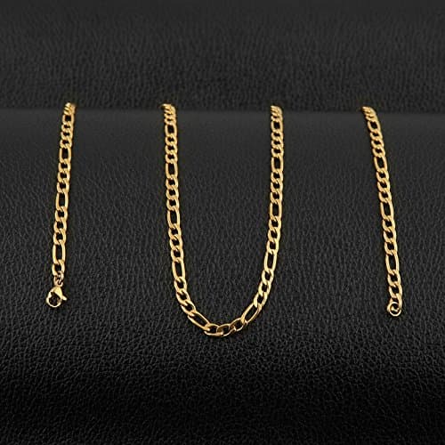 HZMAN Unisex 24k Real Gold Plated Stainless Steel Figaro Chain Necklace