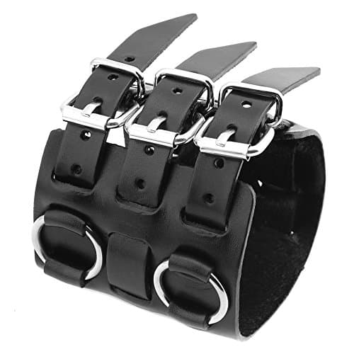 HZMAN Silver Tone Men's Alloy Bracelet with Genuine Leather Cuff Adjustable