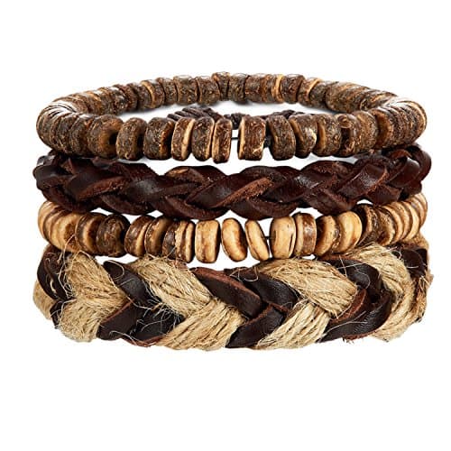 LOYALLOOK 8-34PCs Men's Leather Wrap Cuff Bracelets with Hemp Cords & Wood Beads