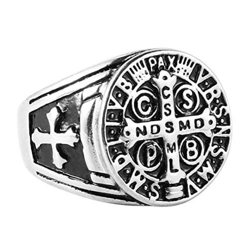 HZMAN Men Women St. Benedict Exorcism Ring with Silver Stainless Steel Roman Cross Ghost Protection