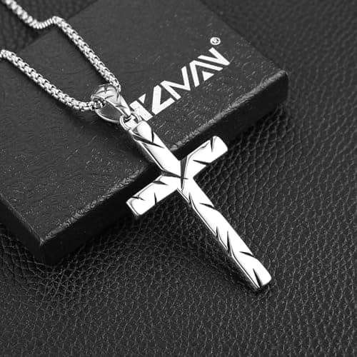 HZMAN Men's Retro Stainless Steel Scarred Cross Pendant Necklace Christian Faith Jewelry Gift