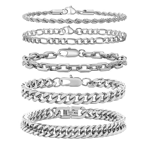 VNOX 5-7 Pcs Men Women Stainless Steel Curb Width Chain Bracelet Set 6.5-9 Inches