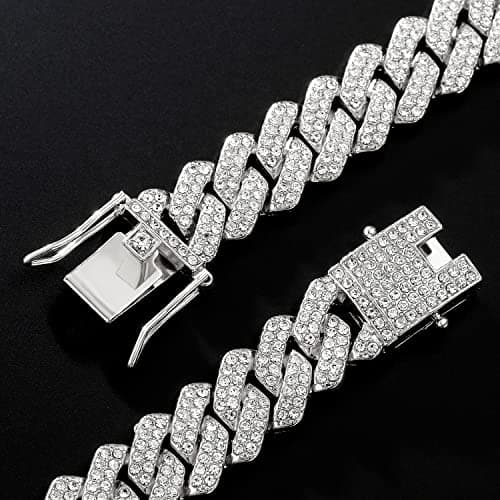 JUNVirtuous Men's & Women's Cuban Link Chain Necklace & Bracelet, Silver Bling Diamond Jewelry
