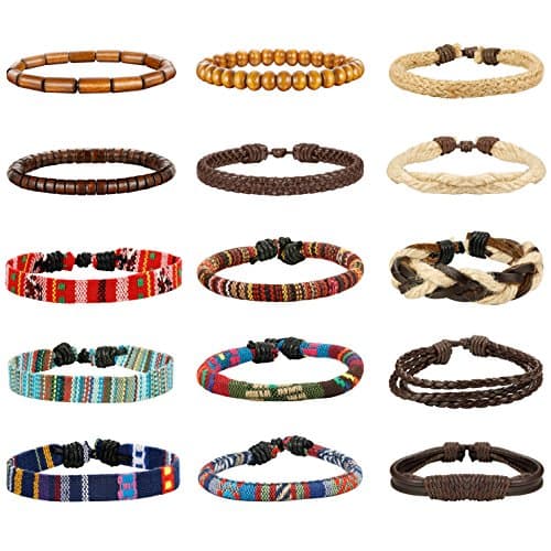LOYALLOOK 15pcs Linen Hemp Cords Wood Beads Ethnic Tribal Bracelets