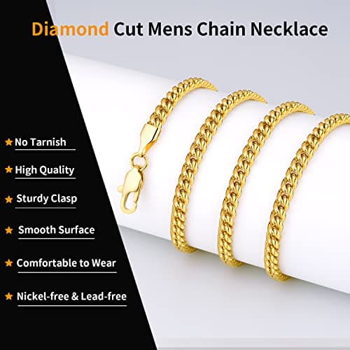 18K Gold Plated Diamond Cut Miami Cuban Link Chain for Men and Women