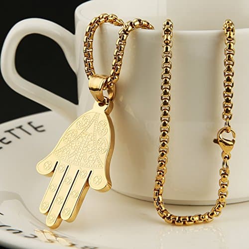 HZMAN Khamsah Stainless Steel Egyptian Eye Pendant Necklace for Success and Protection